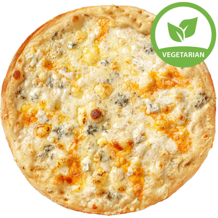 Пицца четыре сыра Тонкое неаполитанское тесто, фирменный белый сливочный соус, на основе нежного плавленного сыра, сыр Моцарелла, сыр Чеддер, сыр с голубой плесенью, сыр пармезан, ароматный базилик.