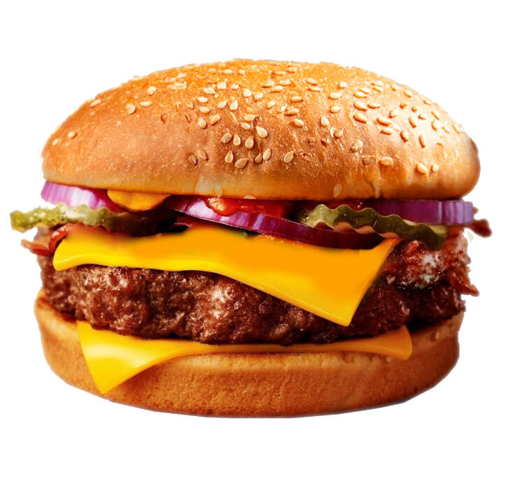 Гамбургер с говяжьей котлетой Кунжутная булочка, котлета из говядины, соус томатный "Хайнц", соус сырный "Хайнц", огурец маринованный, лук репчатый красный.
